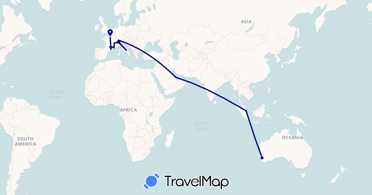 TravelMap itinerary: driving in Australia, Switzerland, France, Italy, Qatar, Singapore (Asia, Europe, Oceania)